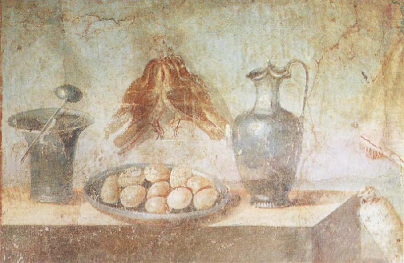Still life wall Painting from the House of Julia Felix Pompeii thrusches eggs and domestic utensils, unknow artist